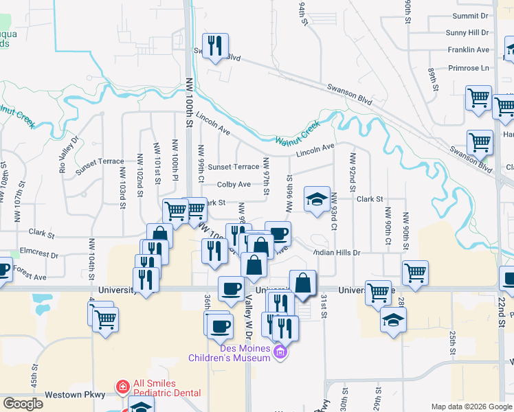map of restaurants, bars, coffee shops, grocery stores, and more near 9738 Clark Street in Clive
