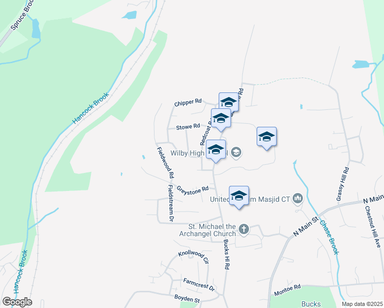 map of restaurants, bars, coffee shops, grocery stores, and more near 20 Fieldstone Road in Waterbury