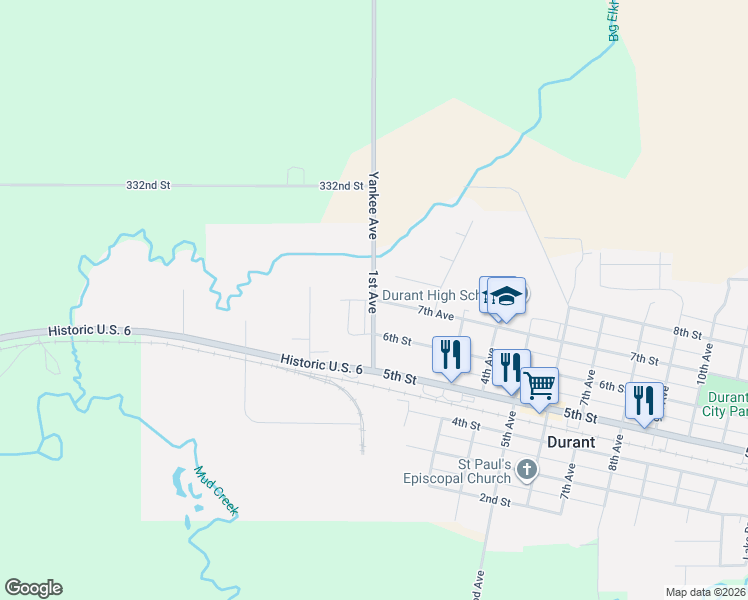map of restaurants, bars, coffee shops, grocery stores, and more near 101 7th Avenue in Durant