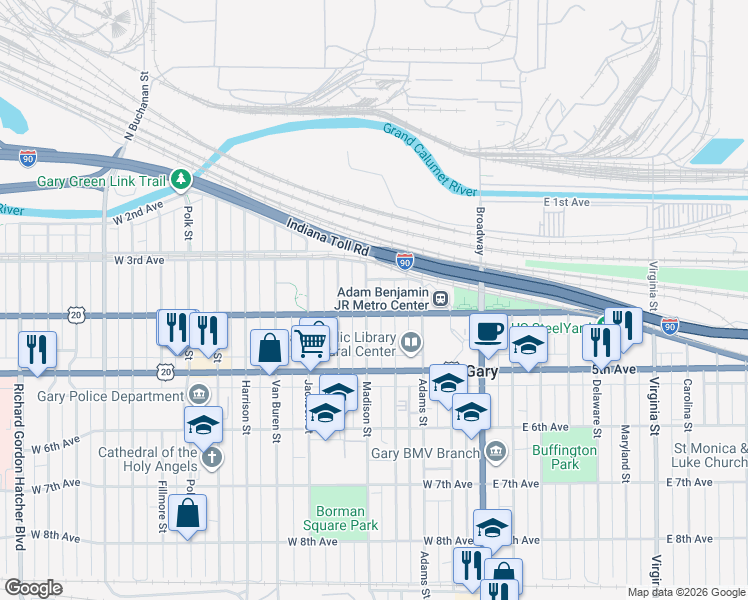 map of restaurants, bars, coffee shops, grocery stores, and more near in Gary