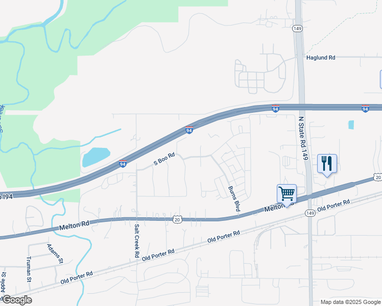 map of restaurants, bars, coffee shops, grocery stores, and more near 351 South Boo Road in Burns Harbor