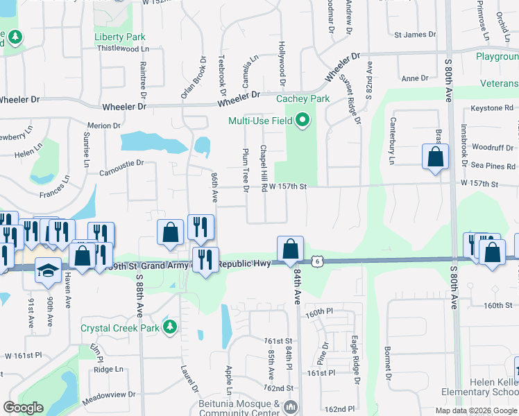 map of restaurants, bars, coffee shops, grocery stores, and more near 8448 Rob Roy Drive in Orland Park