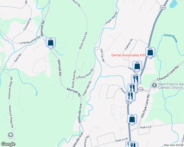 map of restaurants, bars, coffee shops, grocery stores, and more near 27 Paper Mill Road in New Milford
