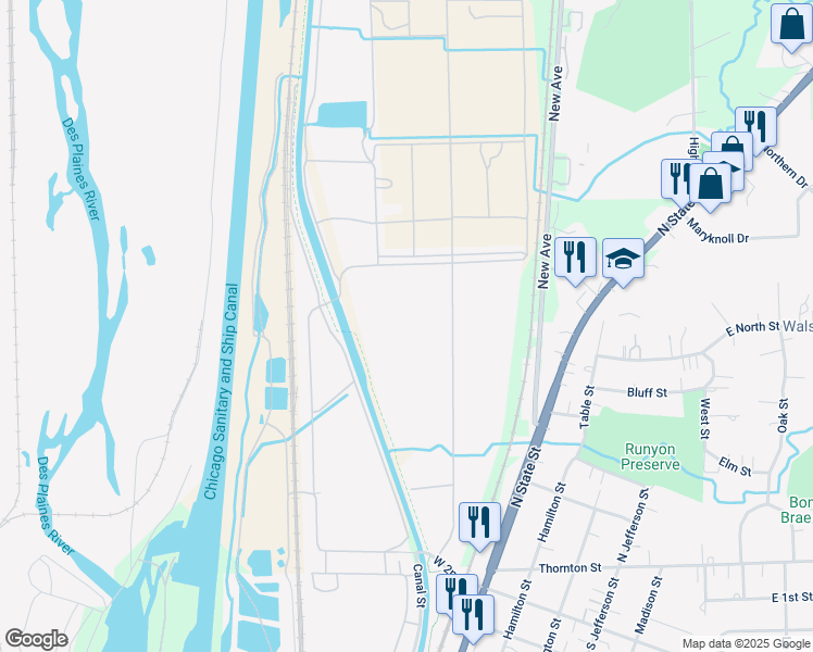 map of restaurants, bars, coffee shops, grocery stores, and more near Gaylord Donnely Trail in Lockport