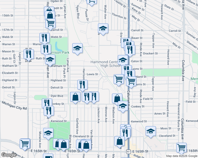 map of restaurants, bars, coffee shops, grocery stores, and more near 540 Highland Street in Hammond