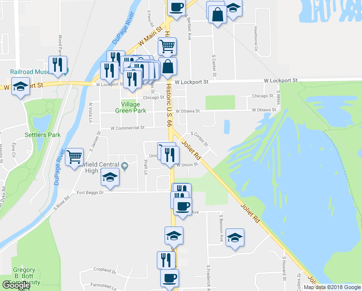 map of restaurants, bars, coffee shops, grocery stores, and more near 15306 South Joliet Road in Plainfield