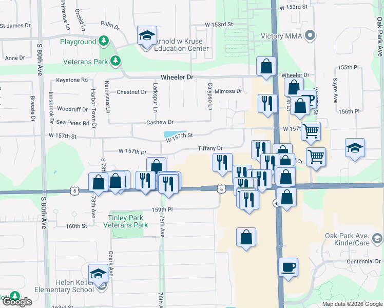 map of restaurants, bars, coffee shops, grocery stores, and more near 7435 Tiffany Drive in Orland Park