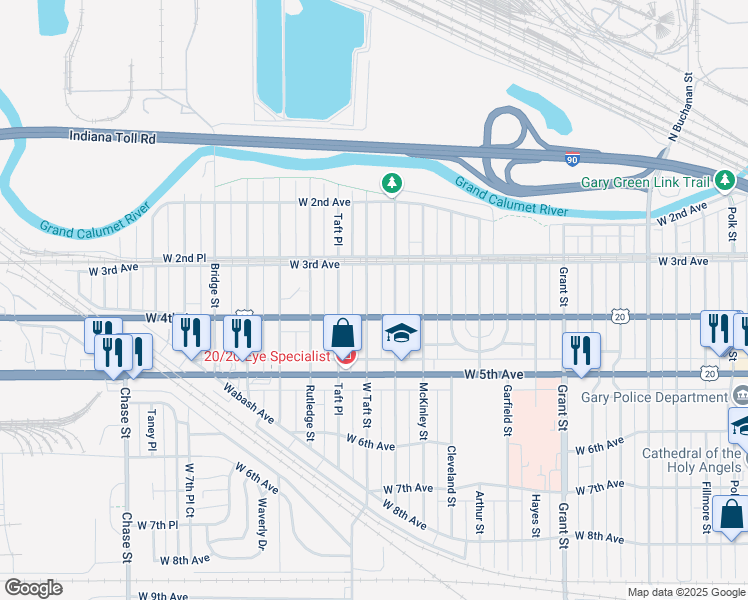map of restaurants, bars, coffee shops, grocery stores, and more near 351 Taft Street in Gary