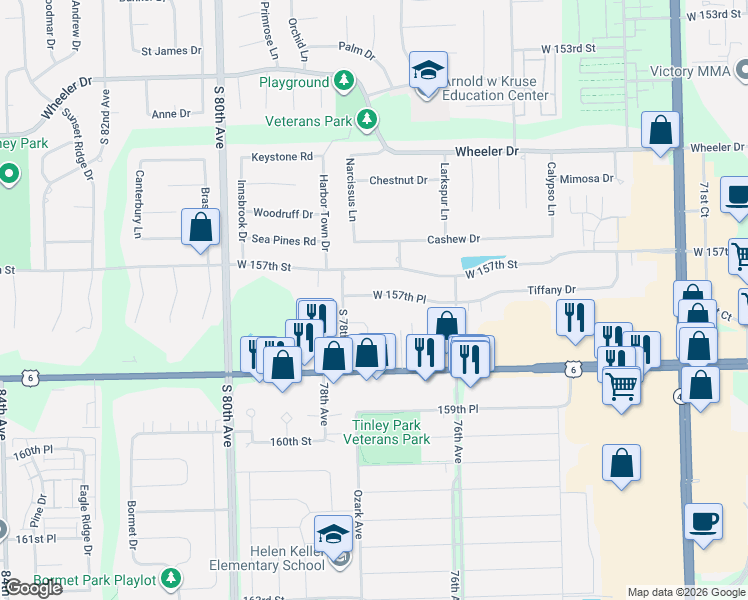 map of restaurants, bars, coffee shops, grocery stores, and more near 7718 West 157th Place in Orland Park