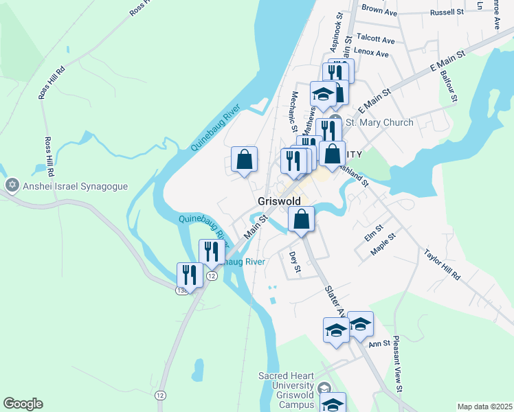 map of restaurants, bars, coffee shops, grocery stores, and more near South Main Street & Anthony Street in Griswold