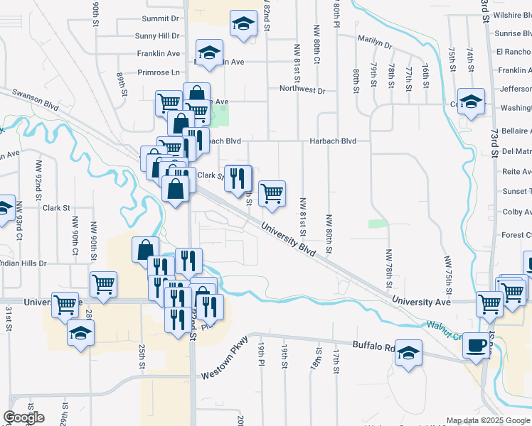 map of restaurants, bars, coffee shops, grocery stores, and more near 8345 University Boulevard in Clive