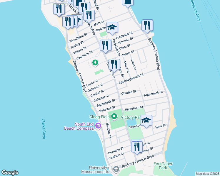 map of restaurants, bars, coffee shops, grocery stores, and more near 19 Calumet Street in New Bedford