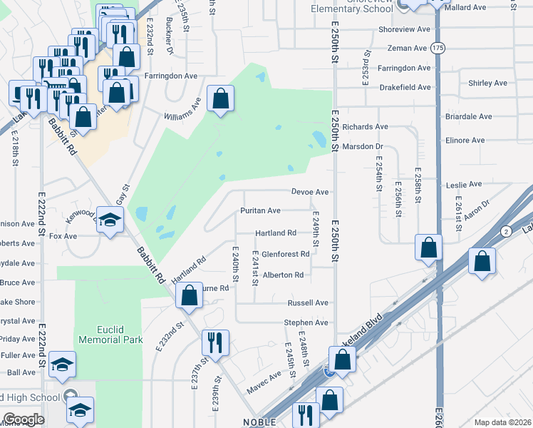 map of restaurants, bars, coffee shops, grocery stores, and more near 24301 Hartland Road in Euclid