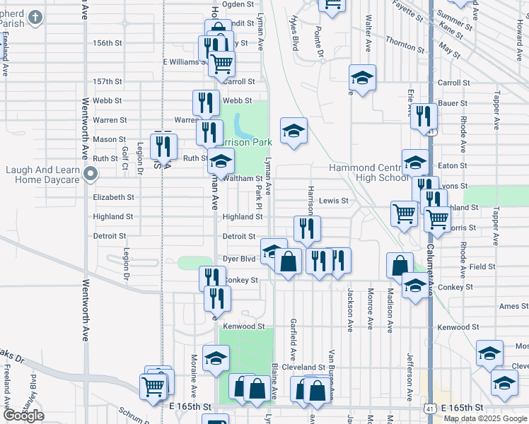 map of restaurants, bars, coffee shops, grocery stores, and more near 266 Highland Street in Hammond