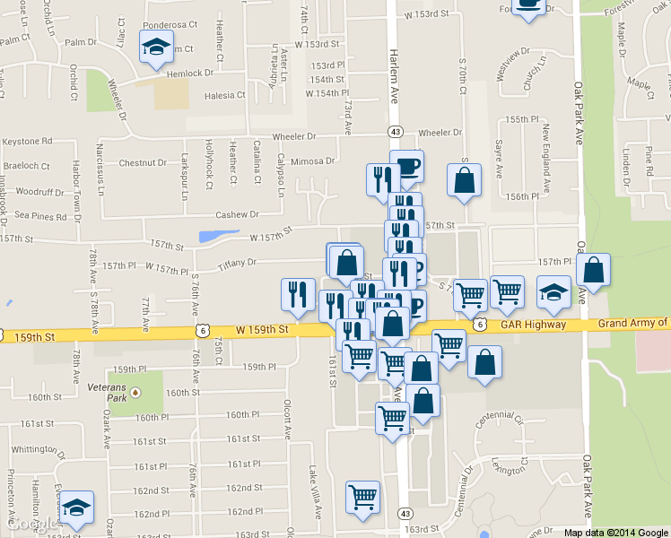map of restaurants, bars, coffee shops, grocery stores, and more near 7300 West 159th Street in Orland Park