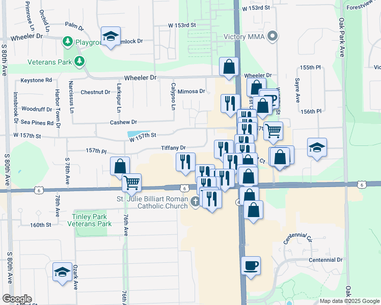 map of restaurants, bars, coffee shops, grocery stores, and more near 7325 Tiffany Drive in Orland Park