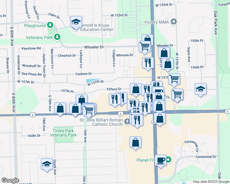 map of restaurants, bars, coffee shops, grocery stores, and more near 7405 Tiffany Drive in Orland Park