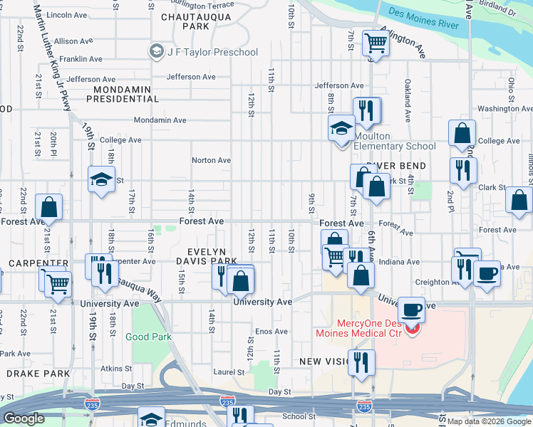 map of restaurants, bars, coffee shops, grocery stores, and more near 1016 Forest Avenue in Des Moines