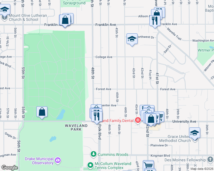 map of restaurants, bars, coffee shops, grocery stores, and more near 1401 47th Street in Des Moines