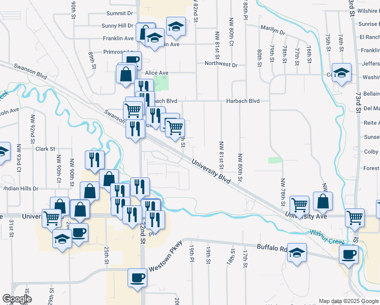 map of restaurants, bars, coffee shops, grocery stores, and more near 8345 University Boulevard in Clive