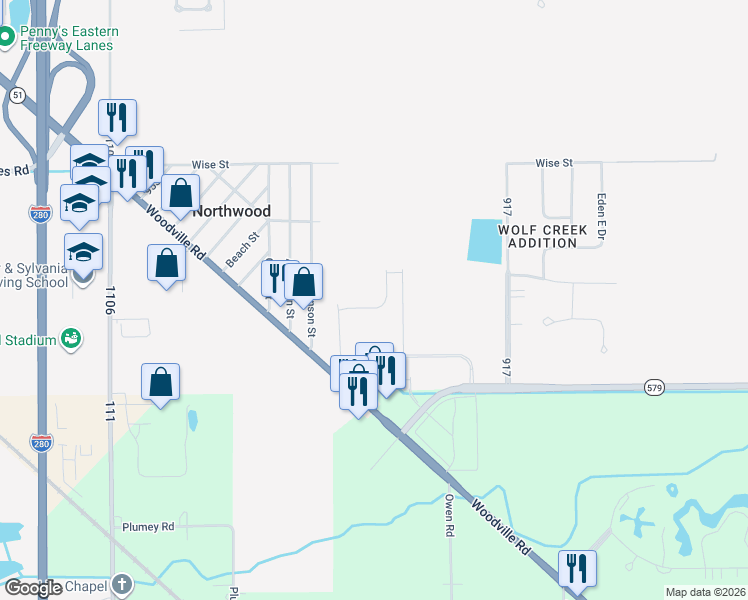 map of restaurants, bars, coffee shops, grocery stores, and more near 3725 Williston Road in Northwood