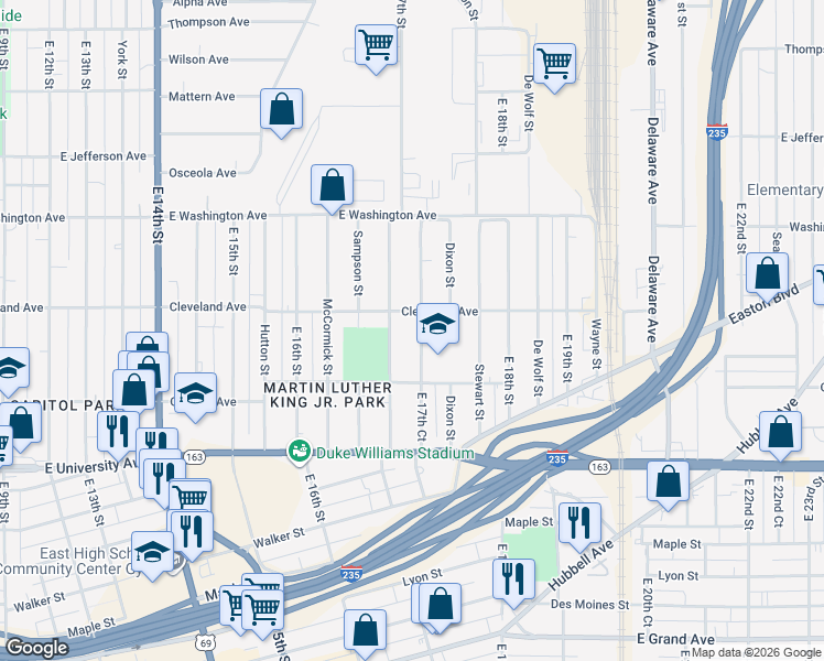 map of restaurants, bars, coffee shops, grocery stores, and more near 1329 East 17th Street in Des Moines