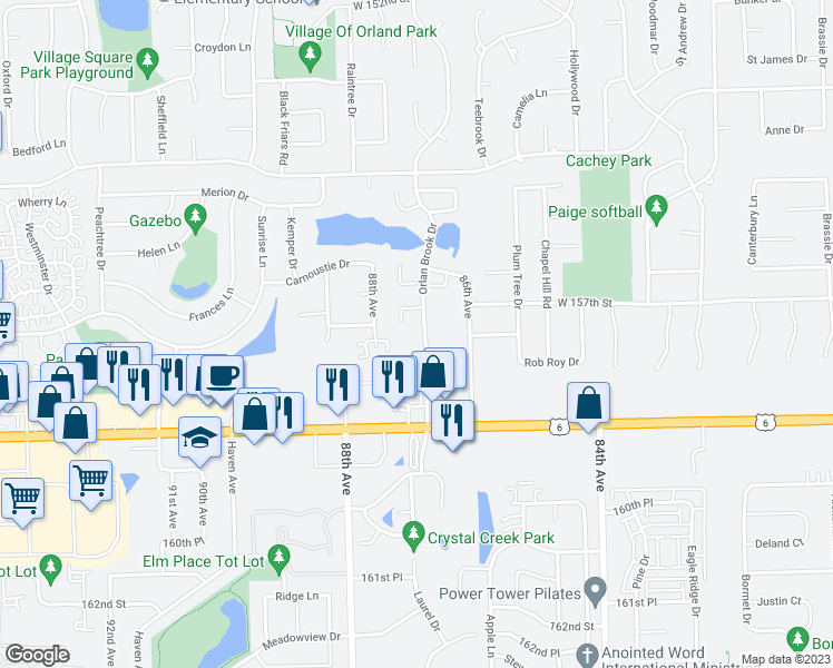 map of restaurants, bars, coffee shops, grocery stores, and more near 15800 Orlan Brook Drive in Orland Park