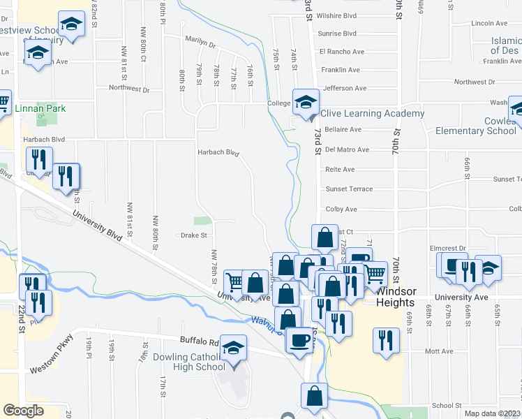 map of restaurants, bars, coffee shops, grocery stores, and more near 1515 Northwest 75th Street in Clive