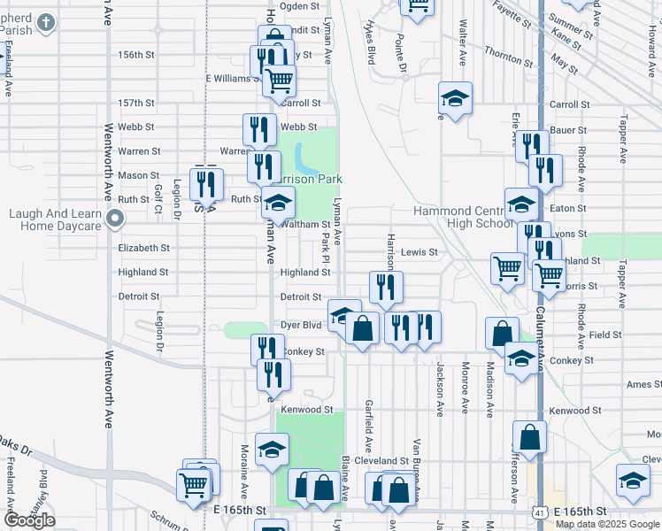 map of restaurants, bars, coffee shops, grocery stores, and more near 266 Highland Street in Hammond