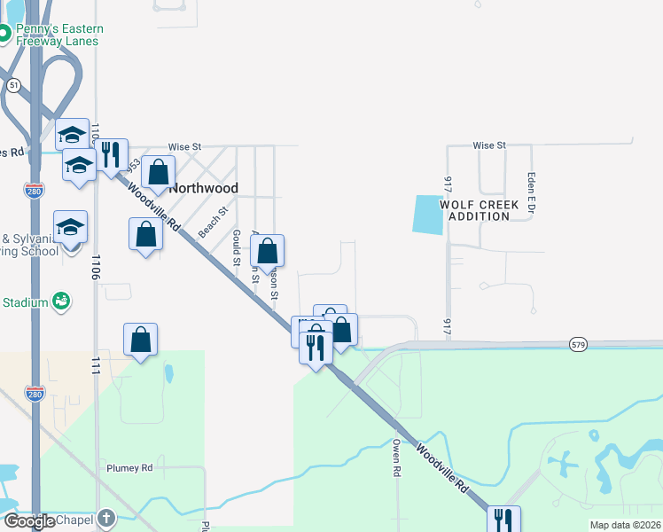 map of restaurants, bars, coffee shops, grocery stores, and more near 3725 Williston Road in Northwood