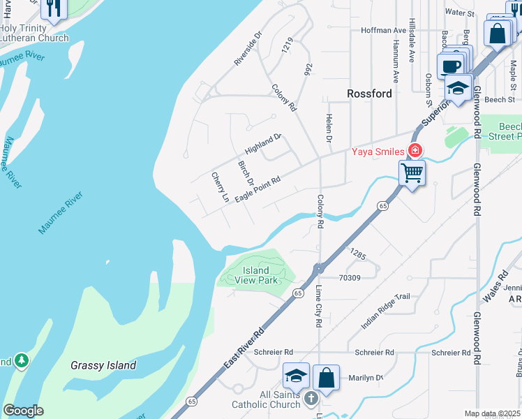 map of restaurants, bars, coffee shops, grocery stores, and more near 111 Central Avenue in Rossford