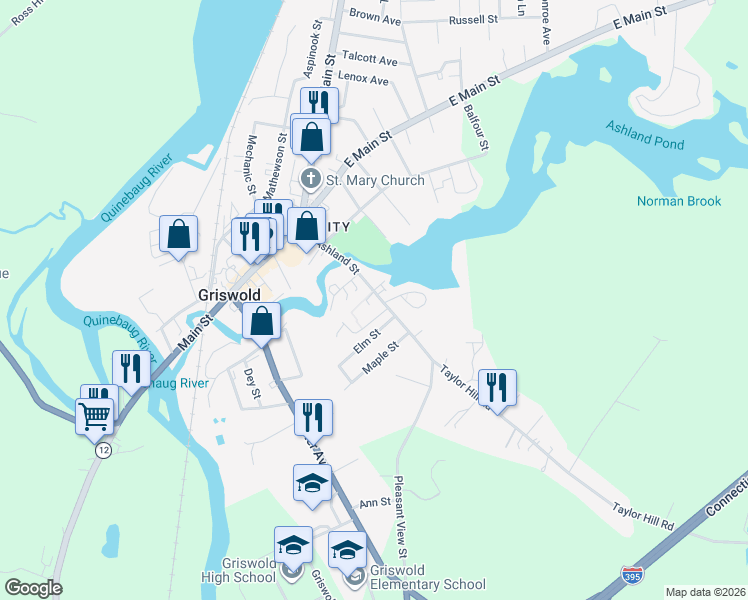 map of restaurants, bars, coffee shops, grocery stores, and more near 109 Ashland Street in Griswold