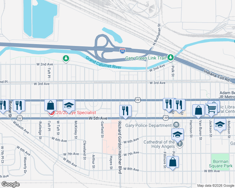 map of restaurants, bars, coffee shops, grocery stores, and more near 366 Grant Street in Gary