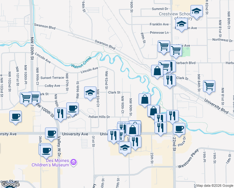 map of restaurants, bars, coffee shops, grocery stores, and more near 1475 Northwest 91st Street in Clive