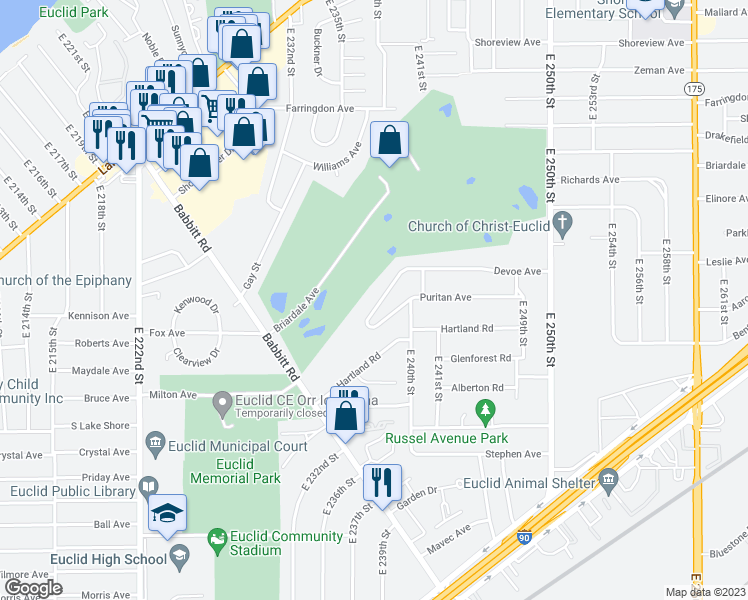 map of restaurants, bars, coffee shops, grocery stores, and more near 23821 Devoe Avenue in Euclid