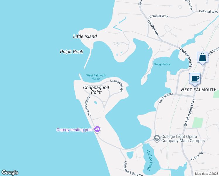 map of restaurants, bars, coffee shops, grocery stores, and more near 131 Associates Road in Falmouth