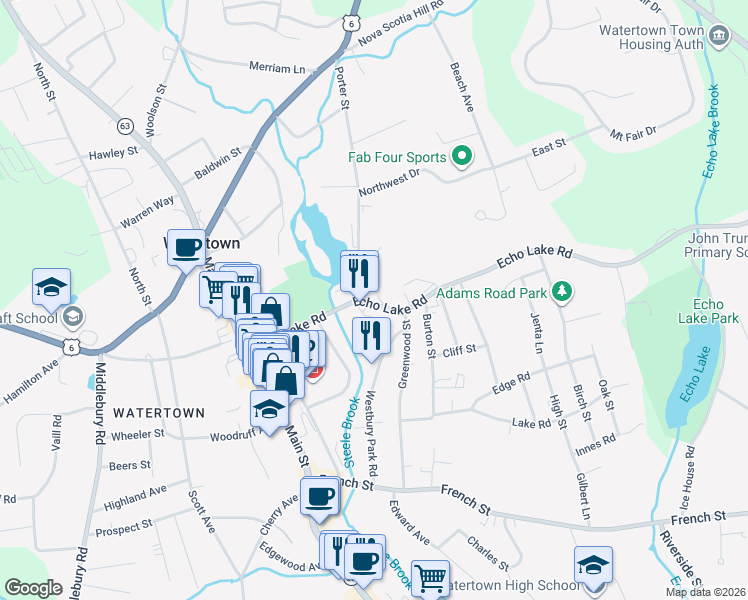 map of restaurants, bars, coffee shops, grocery stores, and more near 150 Echo Lake Road in Watertown