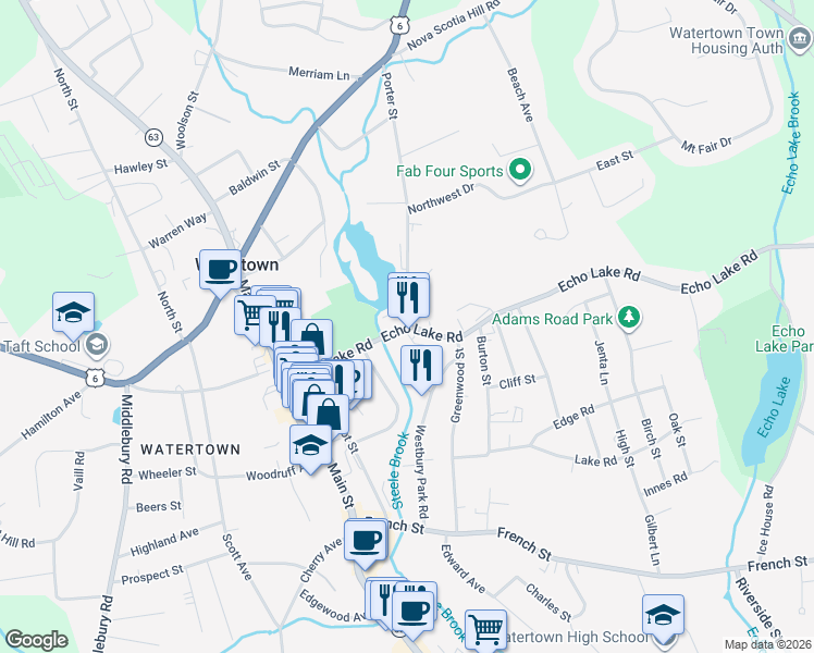 map of restaurants, bars, coffee shops, grocery stores, and more near Echo Lake Road & Porter Street in Watertown