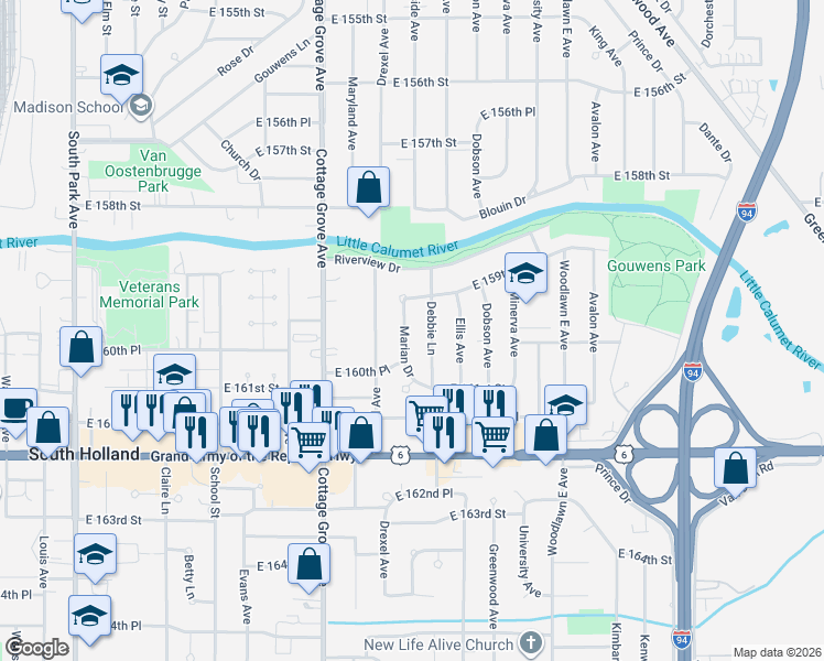 map of restaurants, bars, coffee shops, grocery stores, and more near 16015 Marian Drive in South Holland
