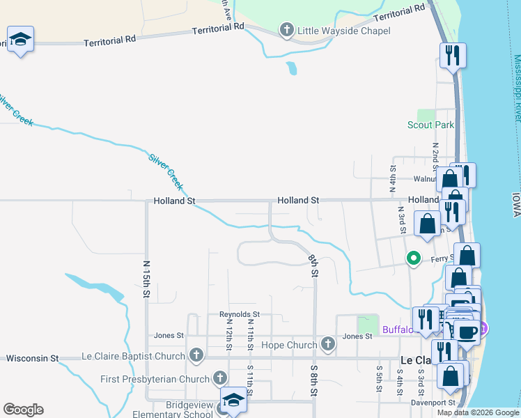map of restaurants, bars, coffee shops, grocery stores, and more near 2 Frontier Court in Le Claire
