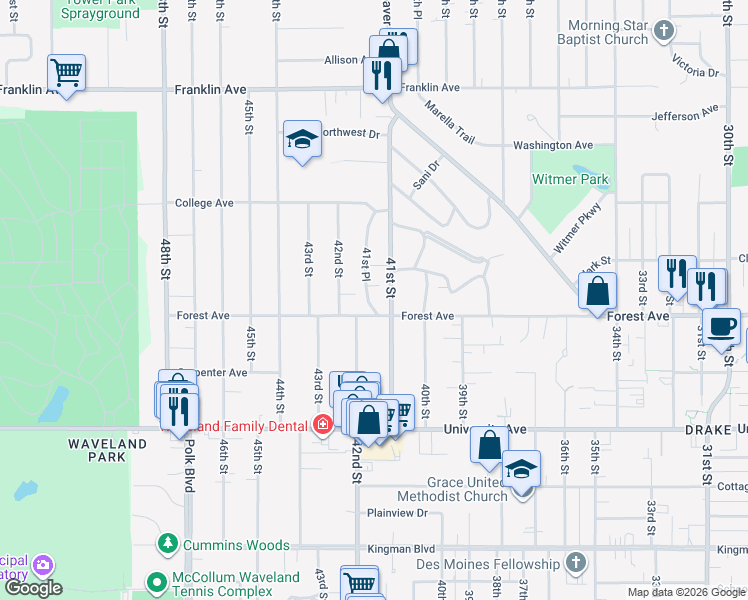 map of restaurants, bars, coffee shops, grocery stores, and more near 4110 Forest Avenue in Des Moines