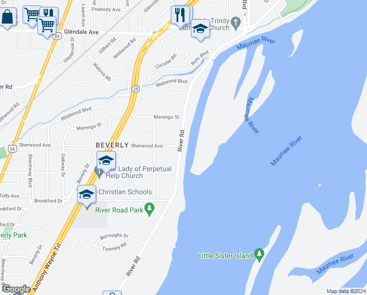 map of restaurants, bars, coffee shops, grocery stores, and more near 3401 River Road in Toledo