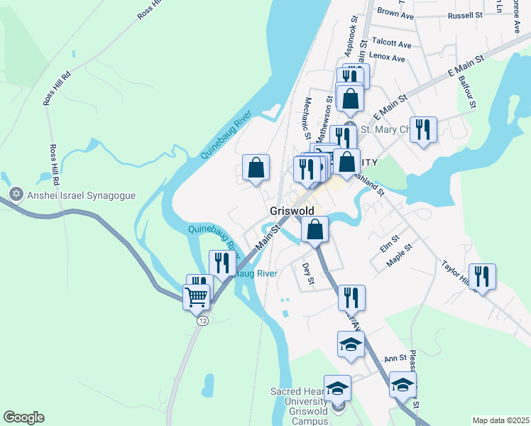 map of restaurants, bars, coffee shops, grocery stores, and more near 12 South Main Street in Griswold