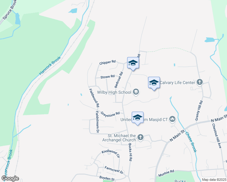 map of restaurants, bars, coffee shops, grocery stores, and more near 18 Redcoat Road in Waterbury