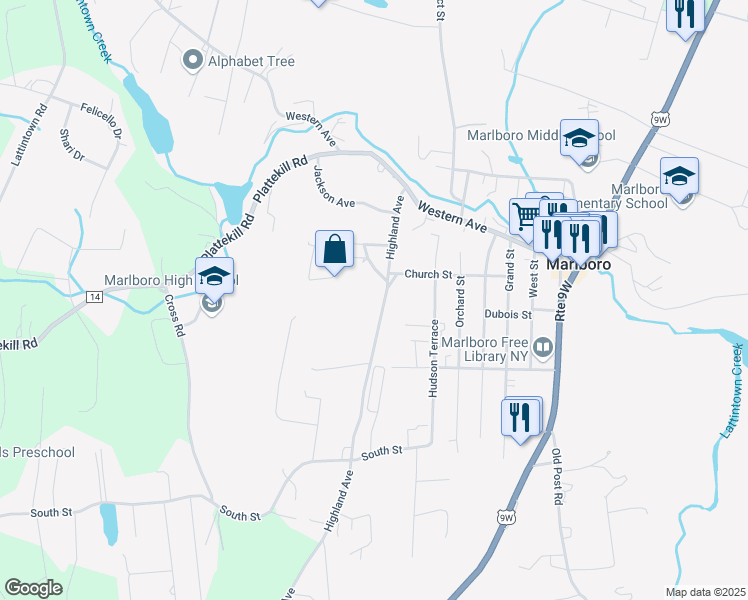 map of restaurants, bars, coffee shops, grocery stores, and more near 204 Highland Avenue in Marlboro