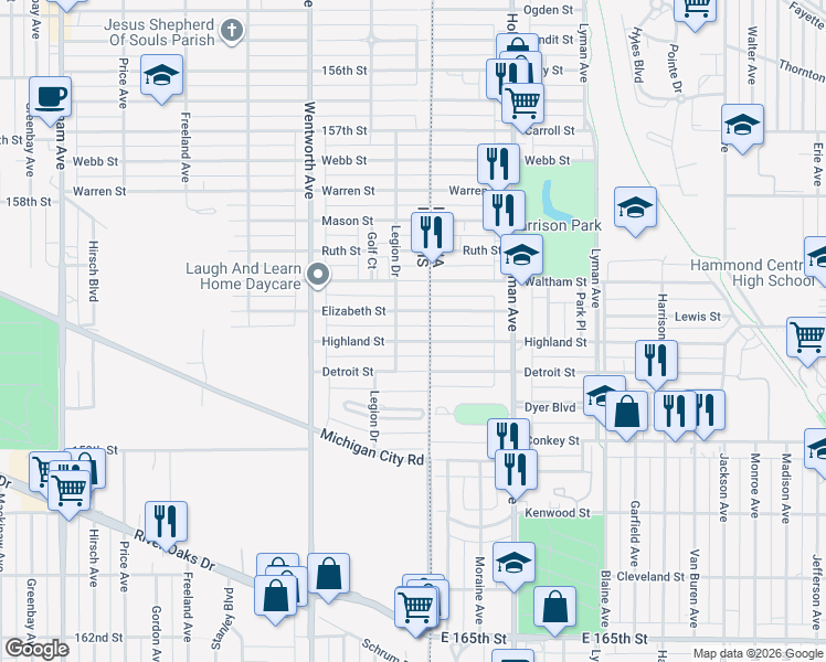 map of restaurants, bars, coffee shops, grocery stores, and more near 11 Highland Street in Calumet City