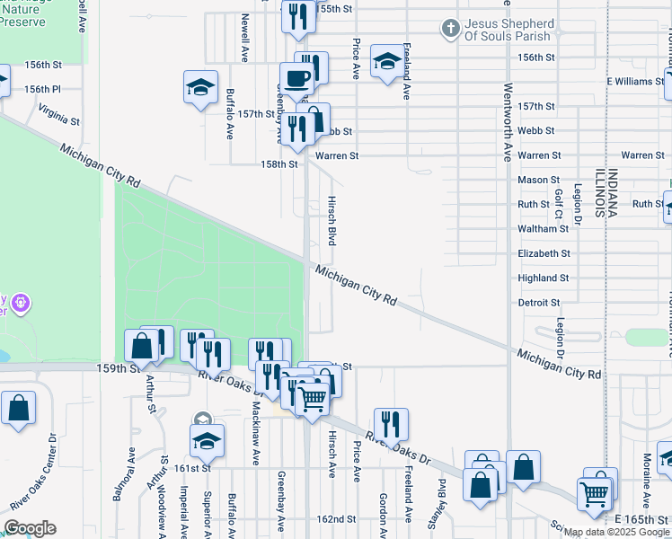 map of restaurants, bars, coffee shops, grocery stores, and more near 1040 Hirsch Boulevard in Calumet City