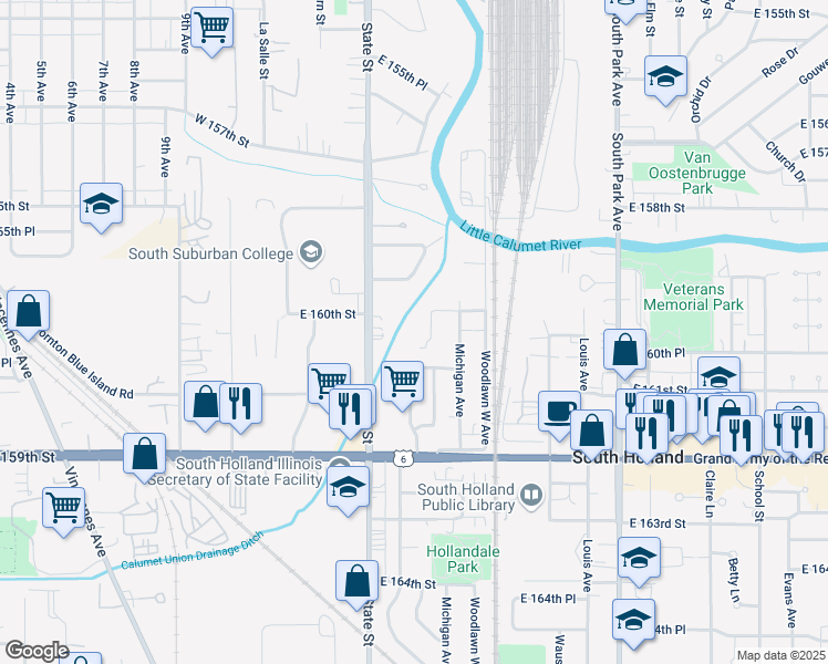map of restaurants, bars, coffee shops, grocery stores, and more near 16015 Wabash Avenue in South Holland