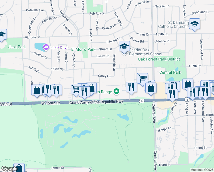 map of restaurants, bars, coffee shops, grocery stores, and more near 15841 Terrace Drive in Oak Forest