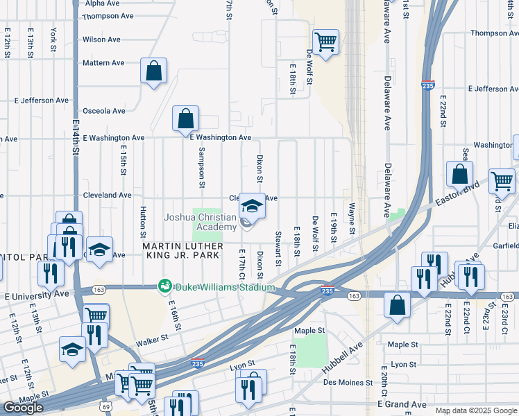 map of restaurants, bars, coffee shops, grocery stores, and more near 1740 Garfield Avenue in Des Moines
